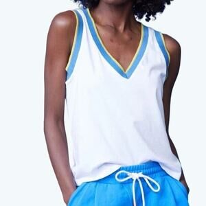 Monrow Tennis Tank White Blue Yellow Trim Rib Knit V Neck Women’s XL NWT